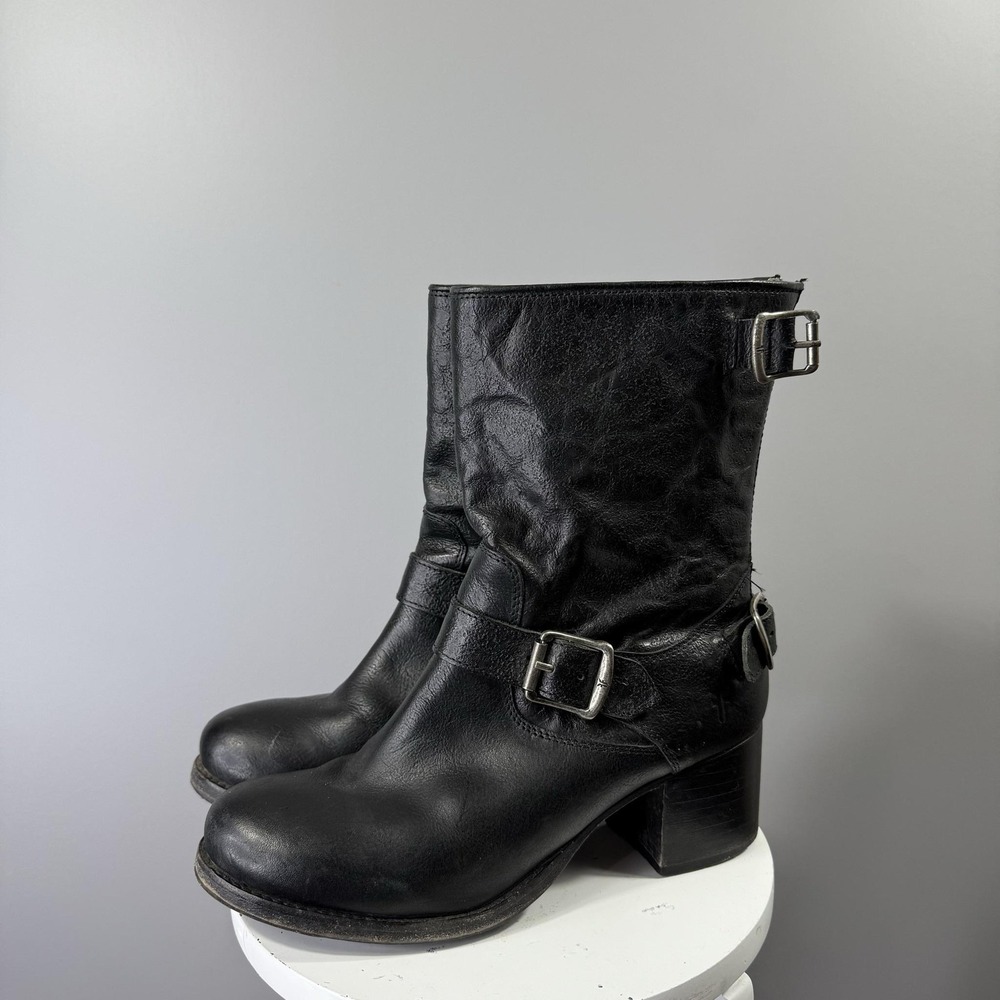 Frye Boots Womens 8 Black Leather Biker Mid Calf Block Heel Zip Buckle Moto